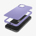ACS06780 - iPhone 15 Case Thin Fit in iris purple showing the multiple layers of case hovering above the device
