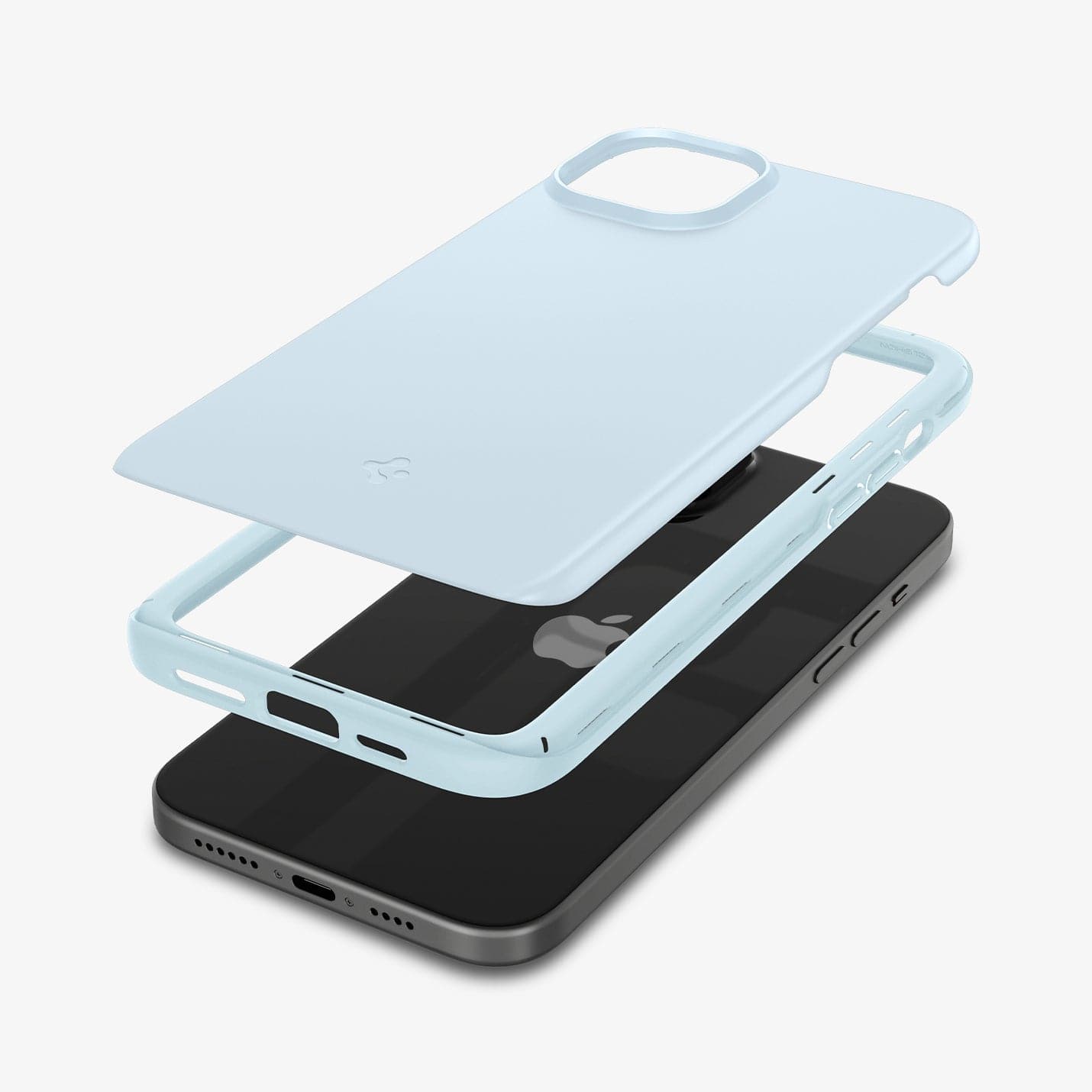 ACS06781 - iPhone 15 Case Thin Fit in mute blue showing the multiple layers of case hovering above the device