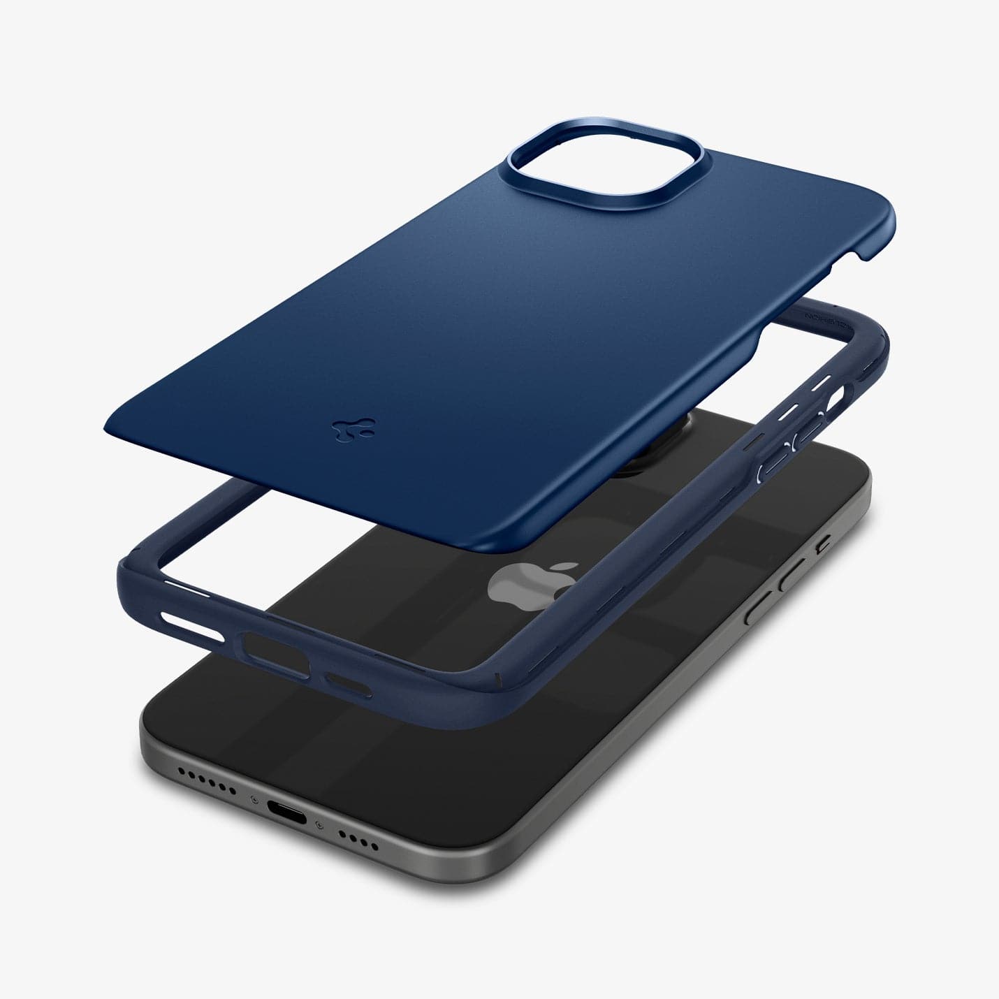 ACS06777 - iPhone 15 Case Thin Fit in navy blue showing the multiple layers of case hovering above the device