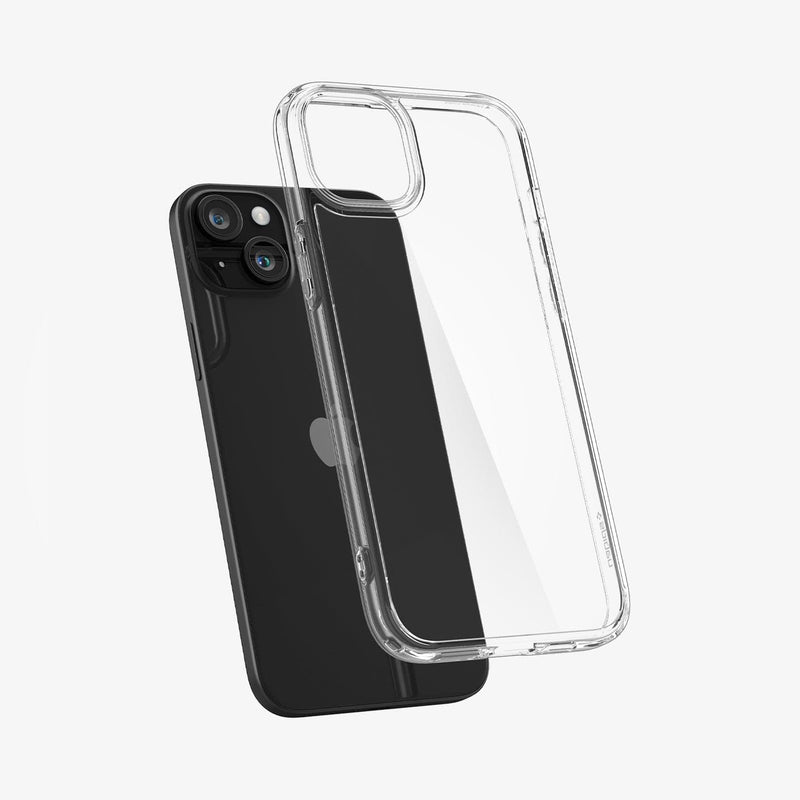 ACS06793 - iPhone 15 Case Ultra Hybrid in crystal clear showing the back with case hovering away from device