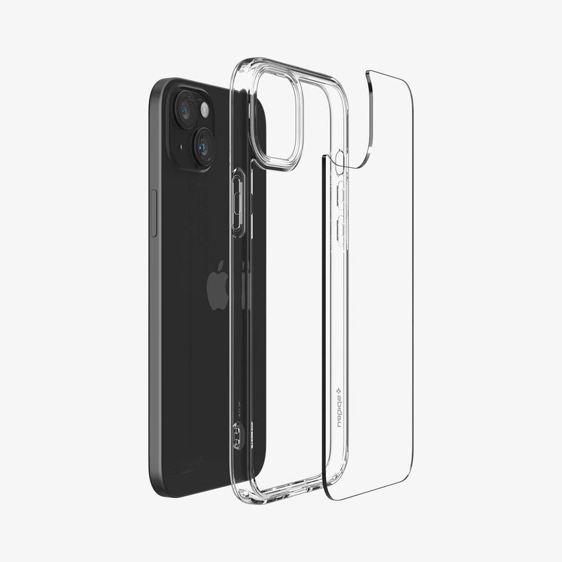 ACS06793 - iPhone 15 Case Ultra Hybrid in crystal clear showing the back with multiple layers of case hovering away from device