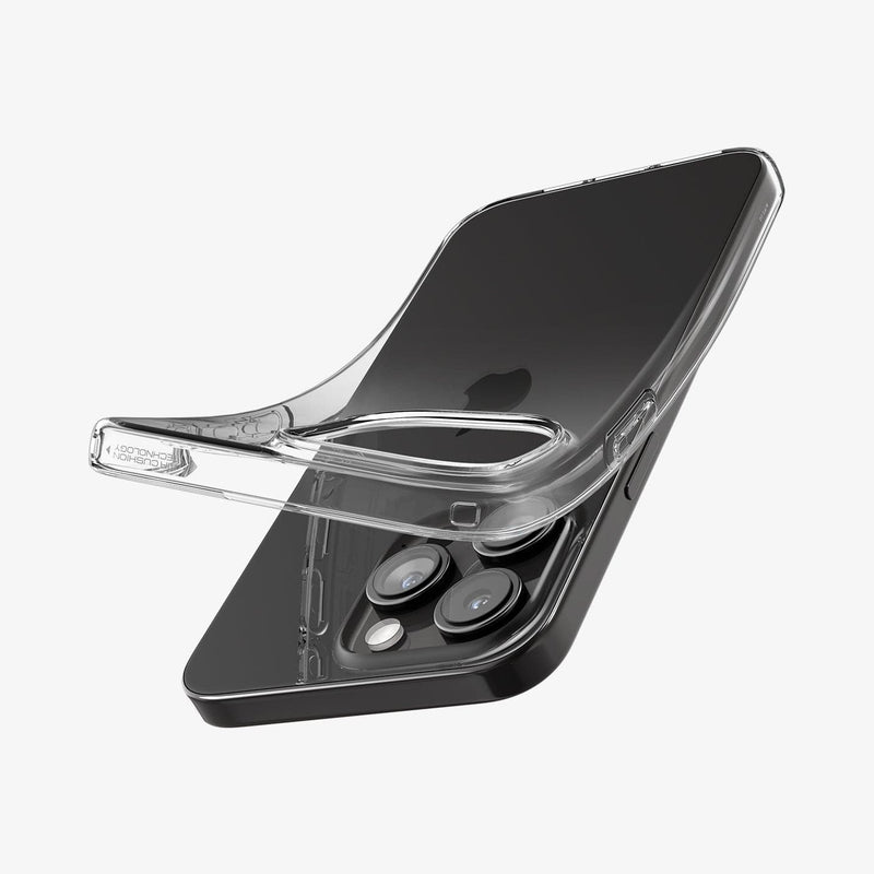 ACS06699 - iPhone 15 Pro Case Liquid Crystal in crystal clear showing the back with case bending away from device to show the flexibility