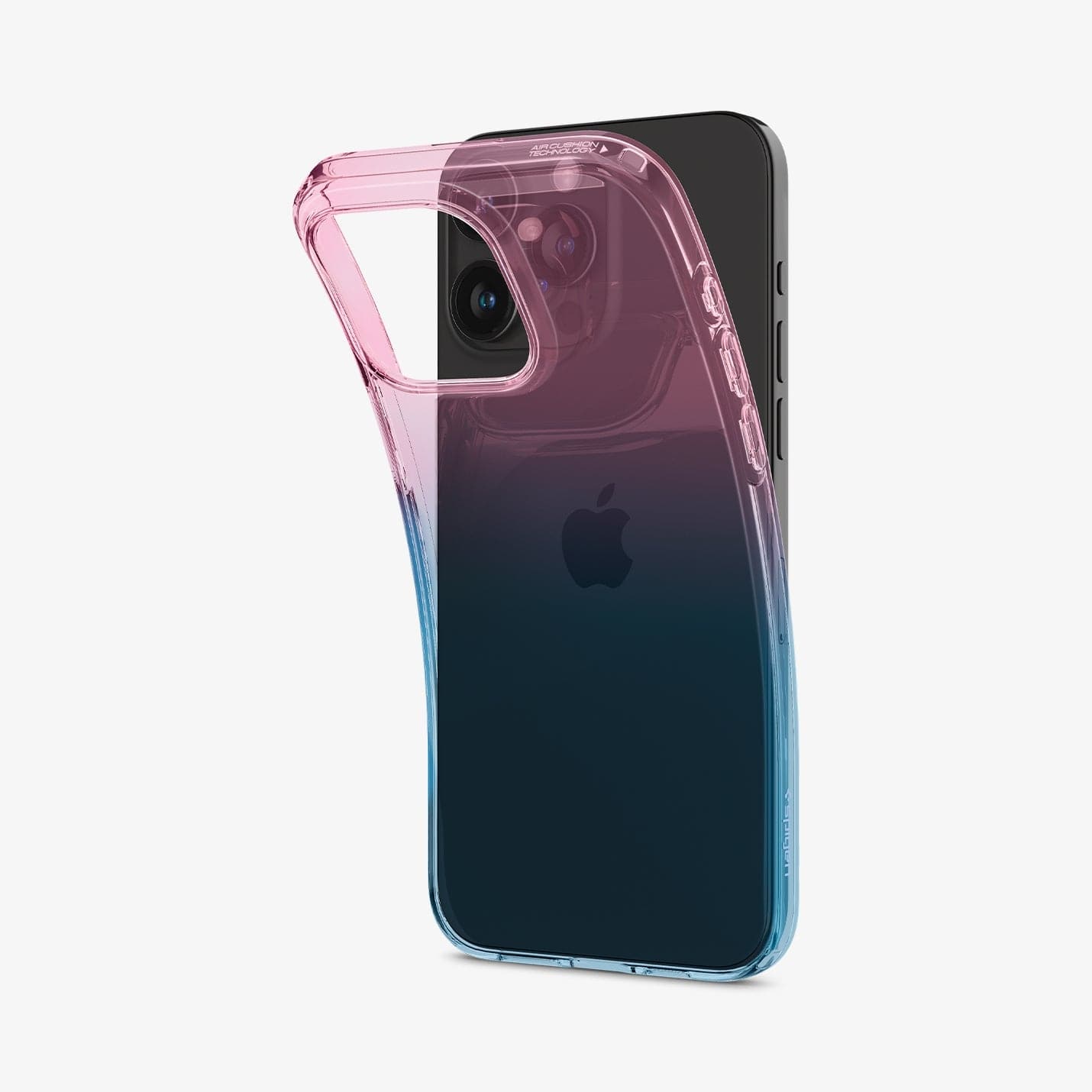 ACS06700 - iPhone 15 Pro Case Liquid Crystal in gradation pink showing the back with case bending away from device to show the flexibility