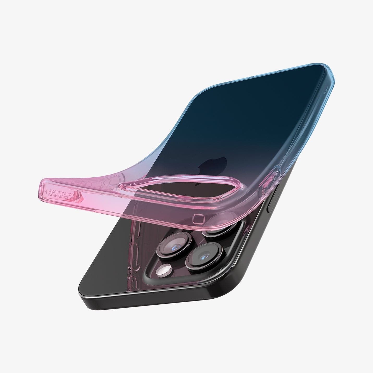 ACS06700 - iPhone 15 Pro Case Liquid Crystal in gradation pink showing the back with case bending away from device to show the flexibility