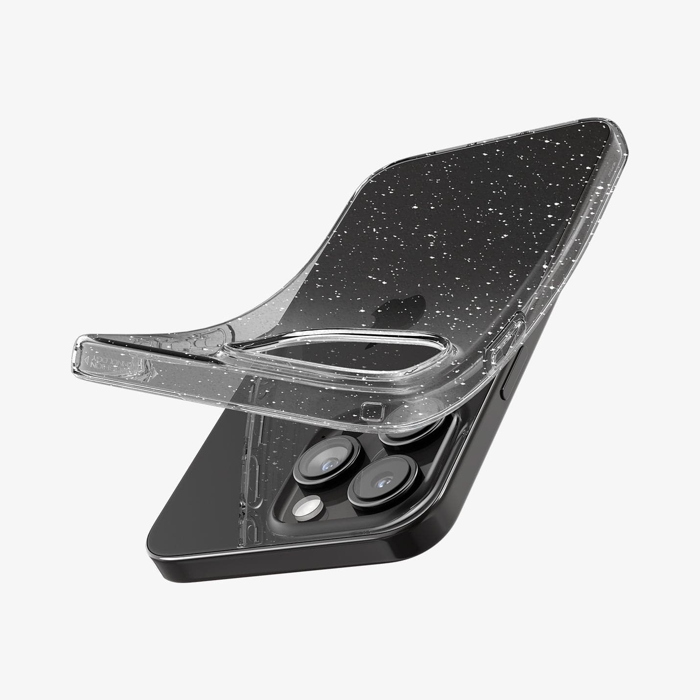 ACS06701 - iPhone 15 Pro Case Liquid Crystal Glitter in crystal quartz showing the back with case bending away from device to show the flexibility