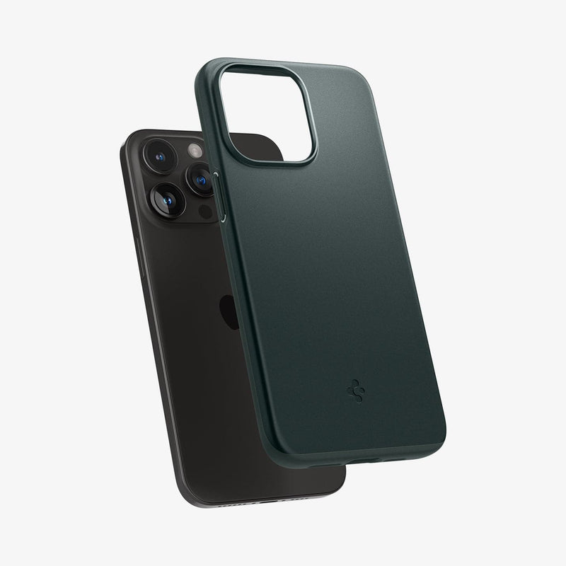 ACS06690 - iPhone 15 Pro Case Thin Fit in abyss green showing the back with case hovering away from device