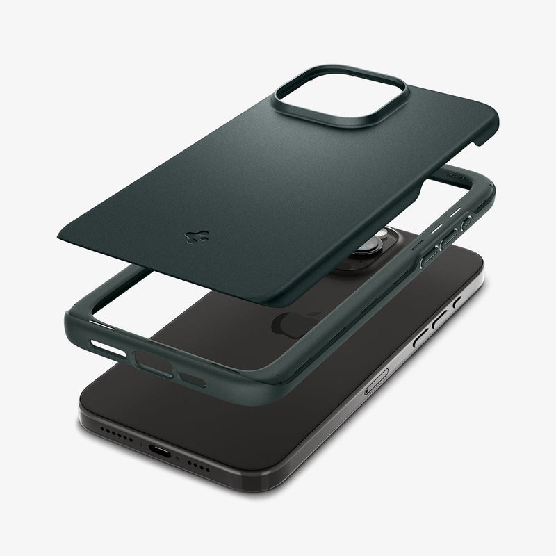 ACS06690 - iPhone 15 Pro Case Thin Fit in abyss green showing the multiple layers of case hovering above the device