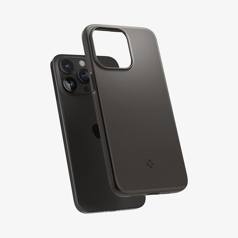 ACS06687 - iPhone 15 Pro Case Thin Fit in gunmetal showing the back with case hovering away from device