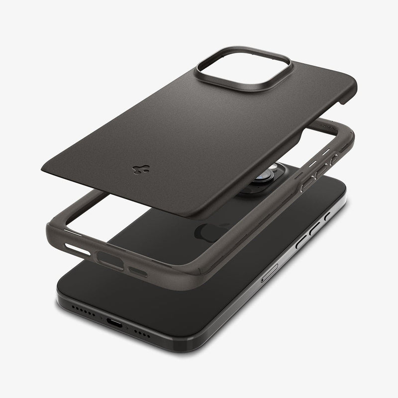 ACS06687 - iPhone 15 Pro Case Thin Fit in gunmetal showing the multiple layers of case hovering above the device