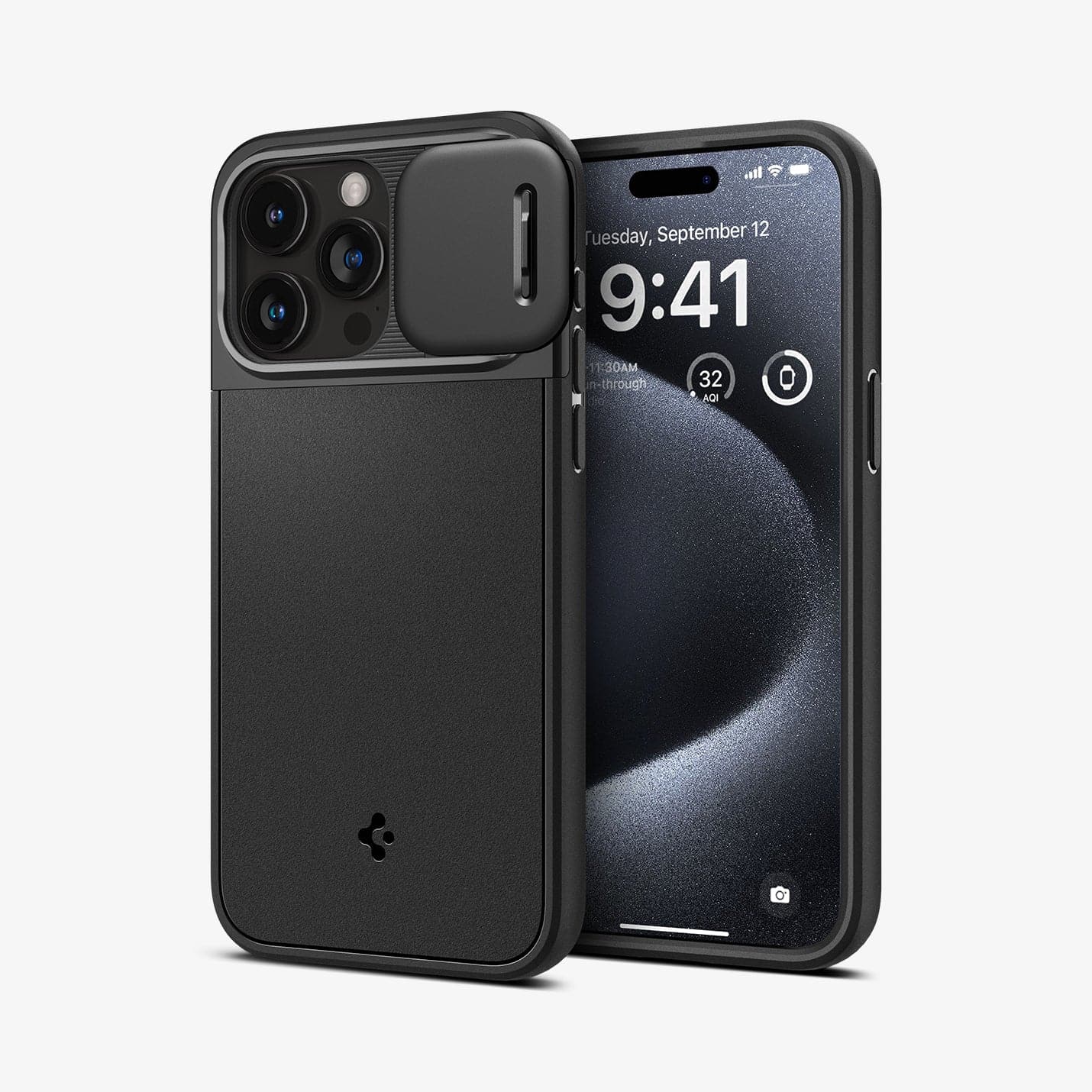 ACS06738 - iPhone 15 Pro Case Optik Armor (MagFit) in black showing the back and front with lens slot open