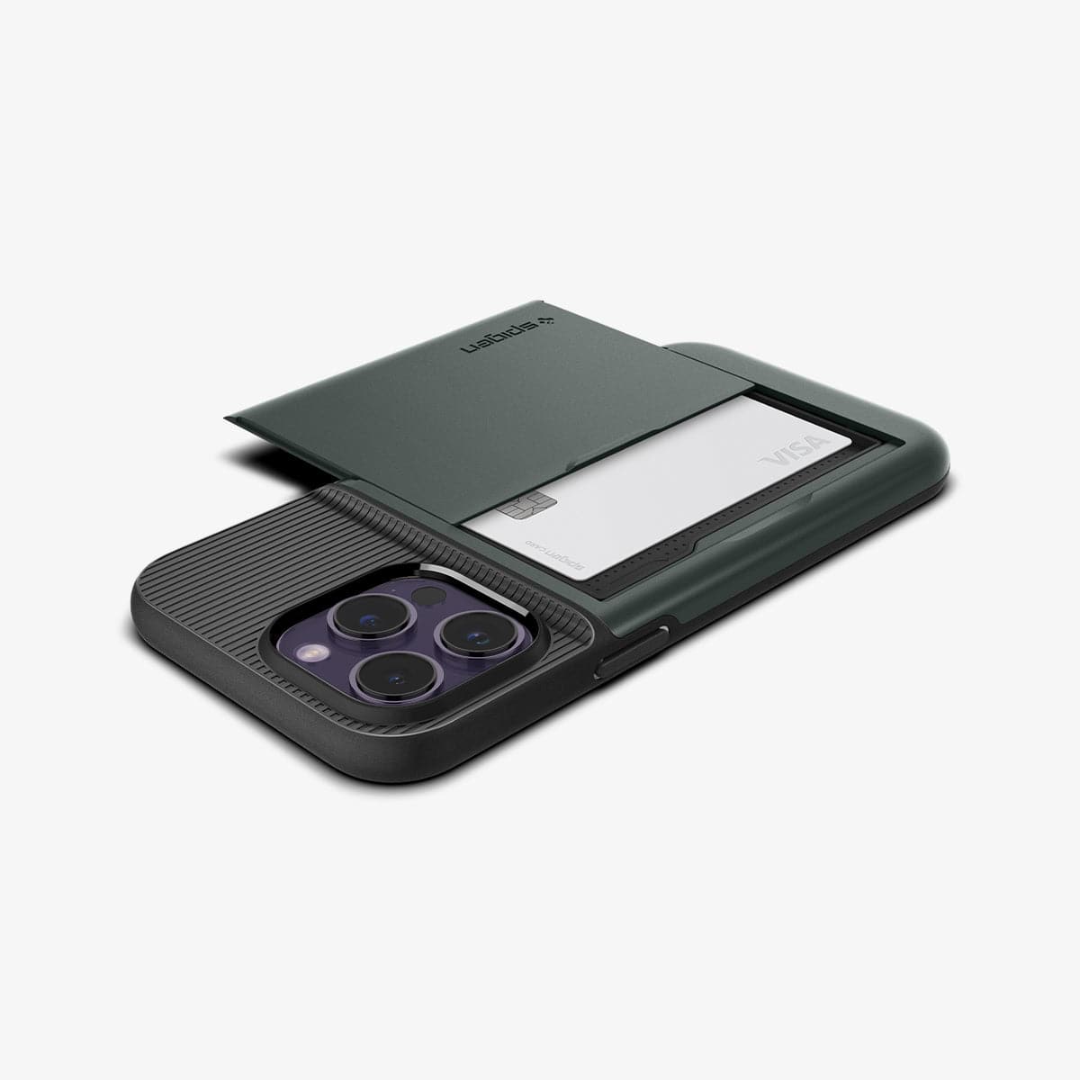 ACS04983 - iPhone 14 Pro Case Slim Armor CS in abyss green showing the back and side with card in slot and device laying flat