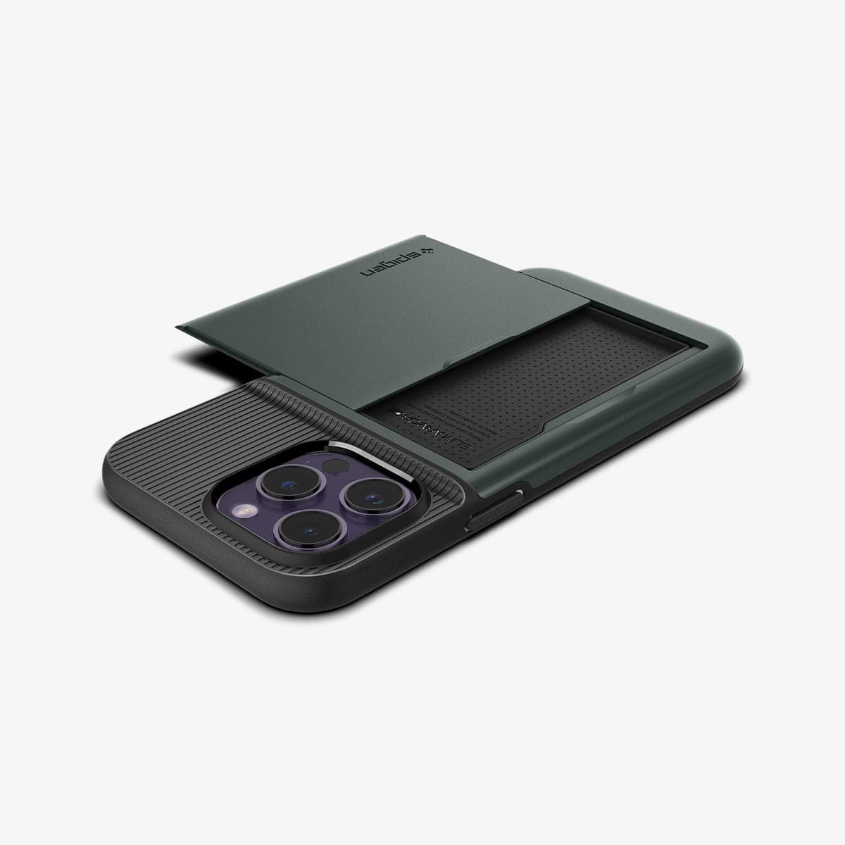 ACS04983 - iPhone 14 Pro Case Slim Armor CS in abyss green showing the back and side with card slot open and device laying flat