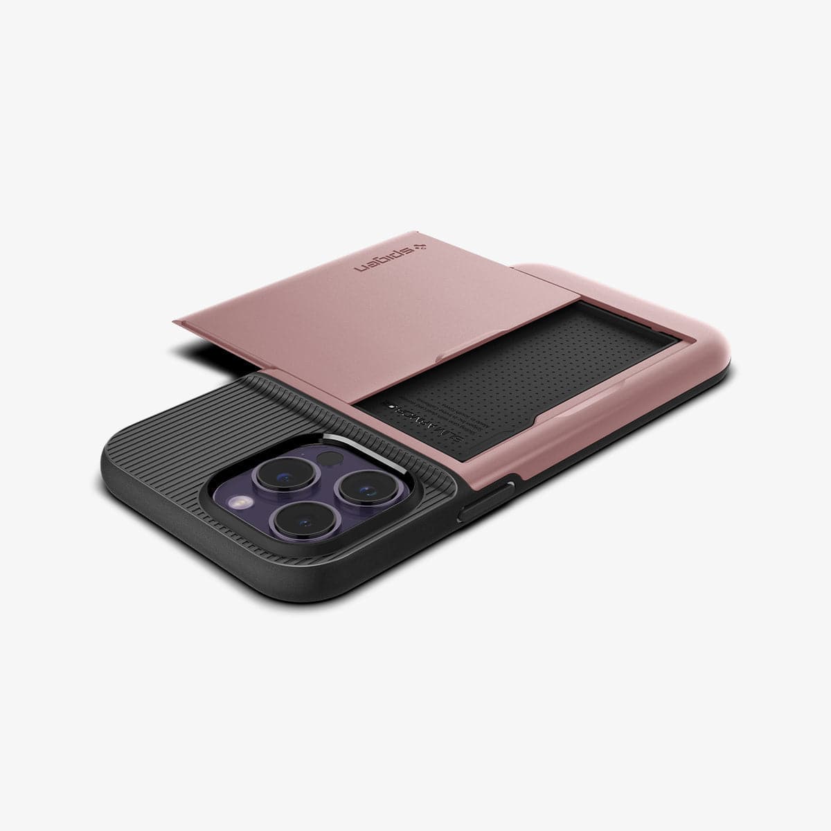 ACS04981 - iPhone 14 Pro Case Slim Armor CS in rose gold showing the back and side with card slot open and device laying flat