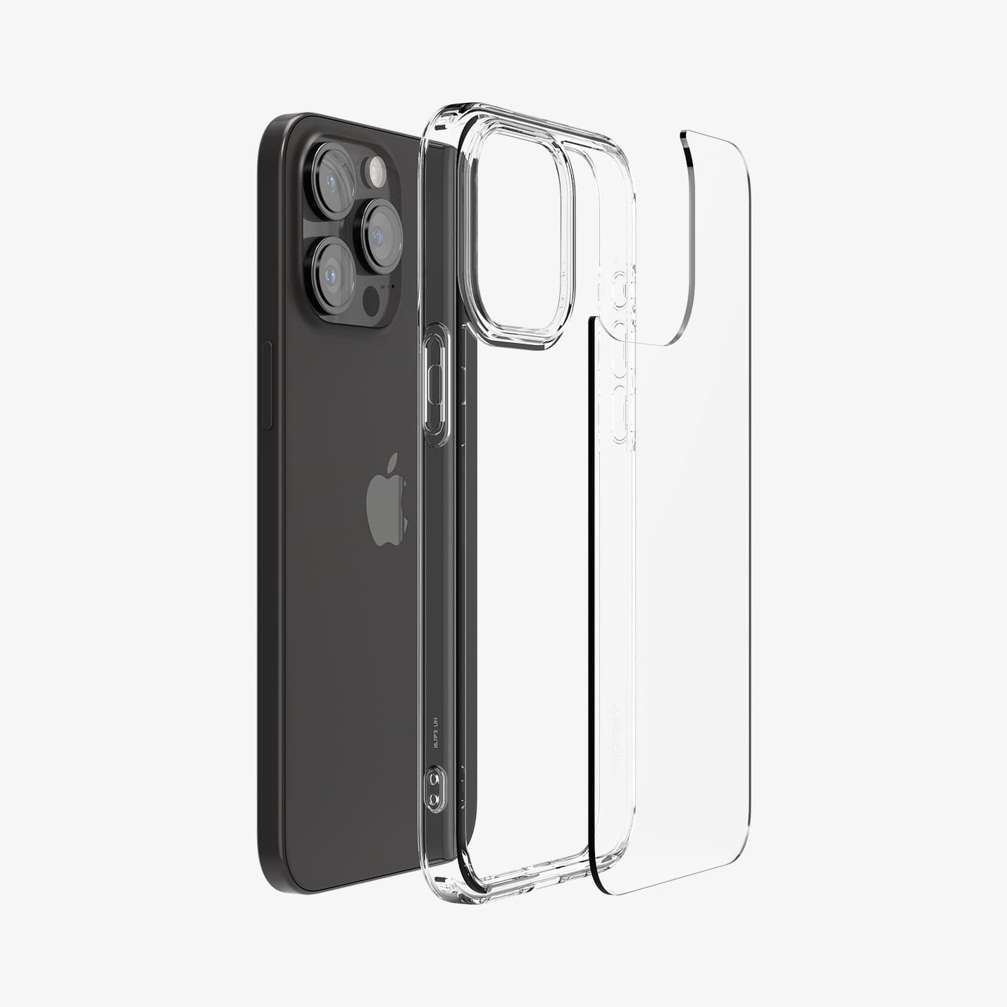 ACS06707 - iPhone 15 Pro Case Ultra Hybrid in crystal clear showing the back with multiple layers of case hovering away from device