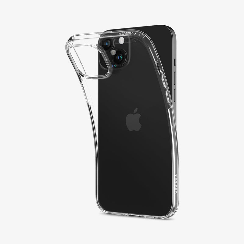 ACS06647 - iPhone 15 Plus Case Liquid Crystal in crystal clear showing the back with case bending away from device to show the flexibility
