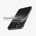 ACS06647 - iPhone 15 Plus Case Liquid Crystal in crystal clear showing the back with case bending away from device to show the flexibility