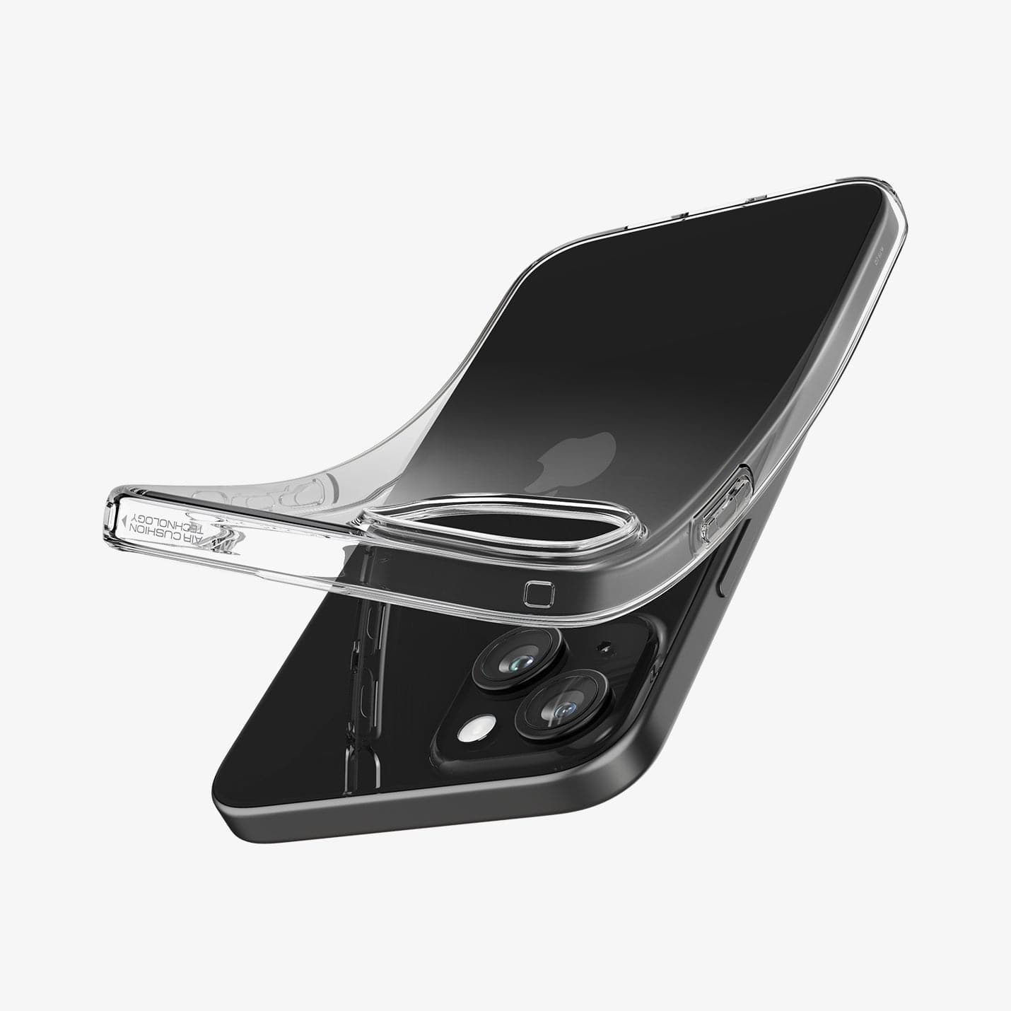 ACS06647 - iPhone 15 Plus Case Liquid Crystal in crystal clear showing the back with case bending away from device to show the flexibility