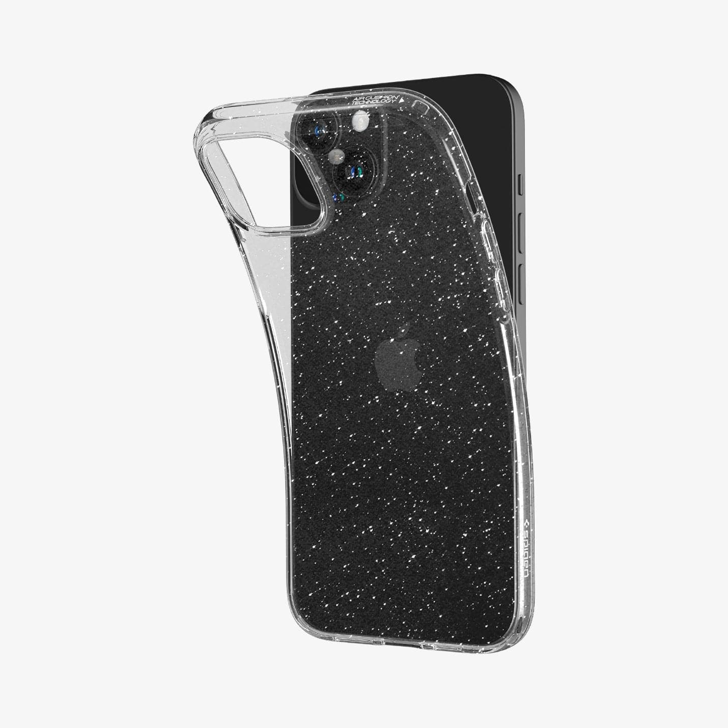 ACS06648 - iPhone 15 Plus Case Liquid Crystal Glitter in crystal quartz showing the back with case bending away from device to show the flexibility