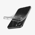 ACS06648 - iPhone 15 Plus Case Liquid Crystal Glitter in crystal quartz showing the back with case bending away from device to show the flexibility