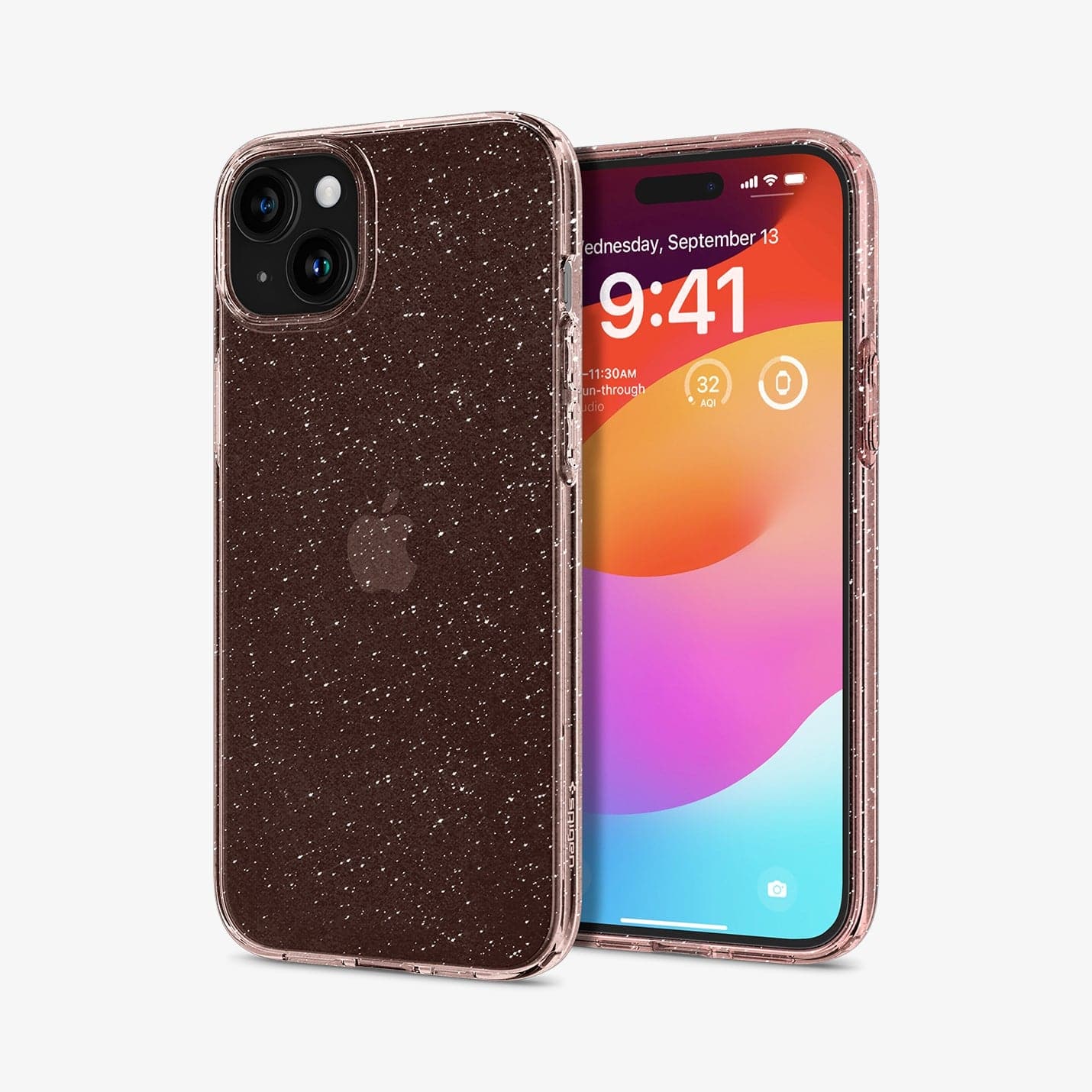 ACS06649 - iPhone 15 Plus Case Liquid Crystal Glitter in rose quartz showing the back and front