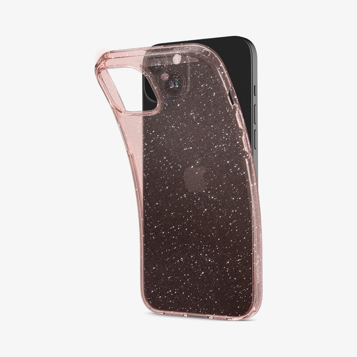 ACS06649 - iPhone 15 Plus Case Liquid Crystal Glitter in rose quartz showing the back with case bending away from device to show the flexibility