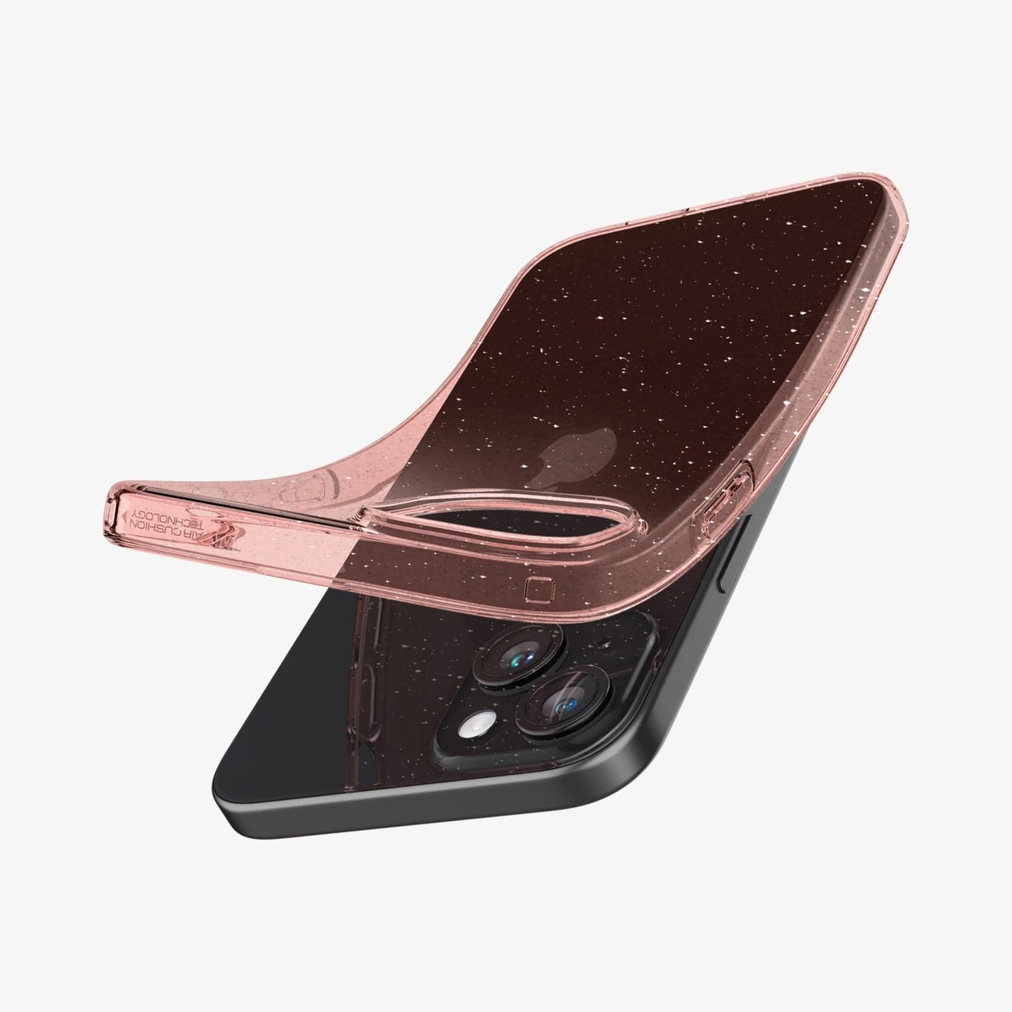 ACS06649 - iPhone 15 Plus Case Liquid Crystal Glitter in rose quartz showing the back with case bending away from device to show the flexibility