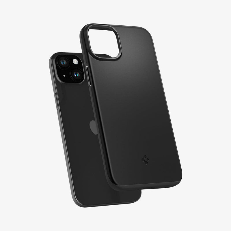 ACS06639 - iPhone 15 Plus Case Thin Fit in black showing the back with case hovering away from device