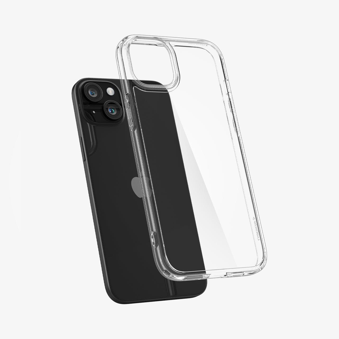 ACS06653 - iPhone 15 Plus Case Ultra Hybrid in crystal clear showing the back with case hovering away from device