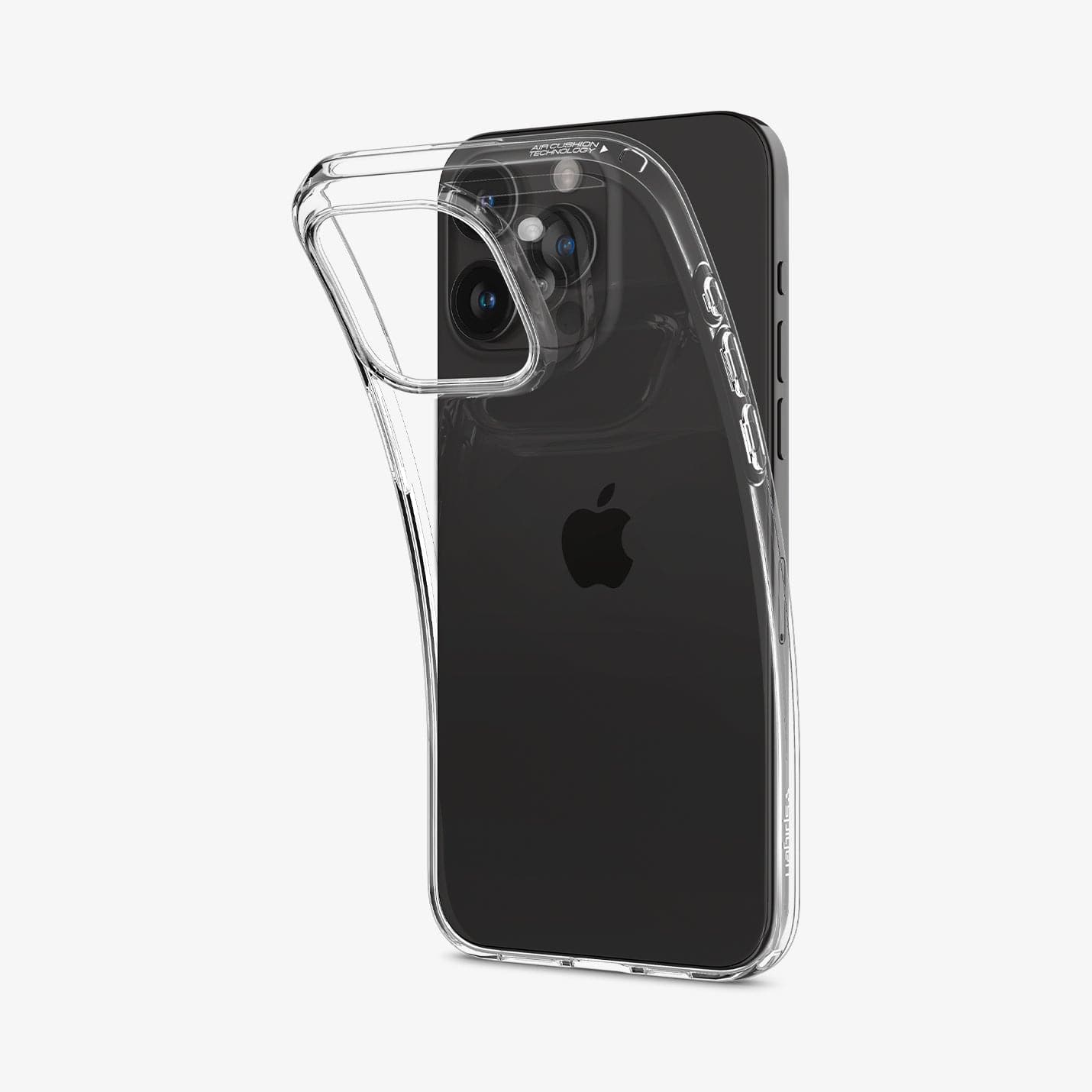 ACS06557 - iPhone 15 Pro Max Case Liquid Crystal in crystal clear showing the back with case bending away from device to show the flexibility