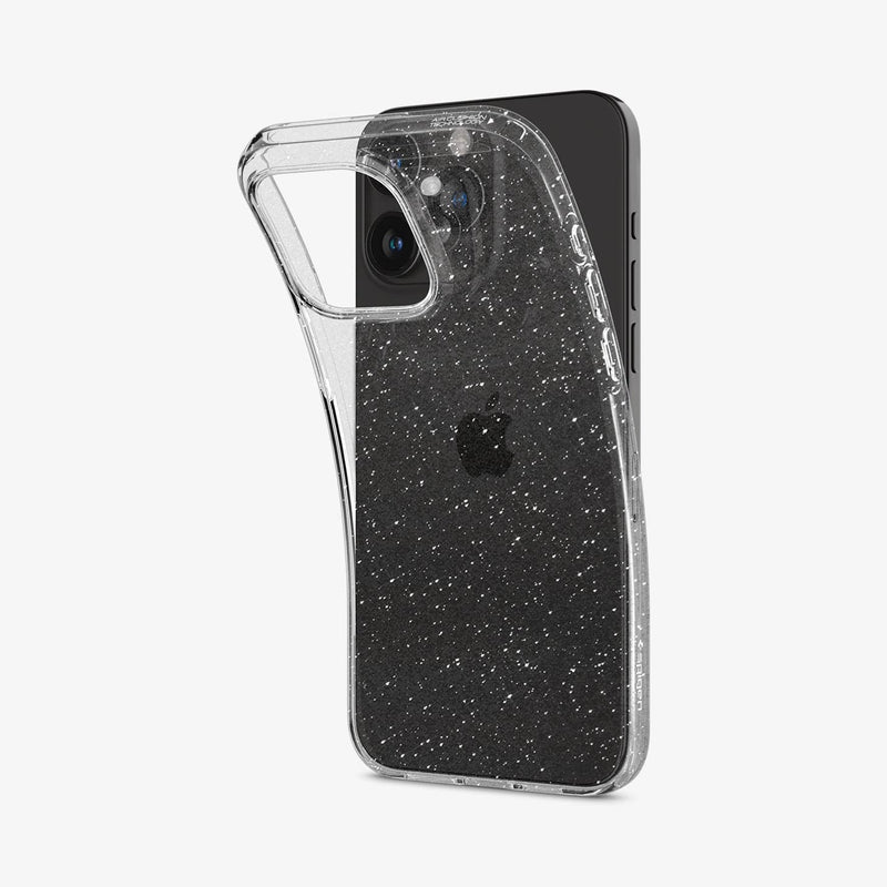 ACS06559 - iPhone 15 Pro Max Case Liquid Crystal Glitter in crystal quartz showing the back with case bending away from device to show the flexibility