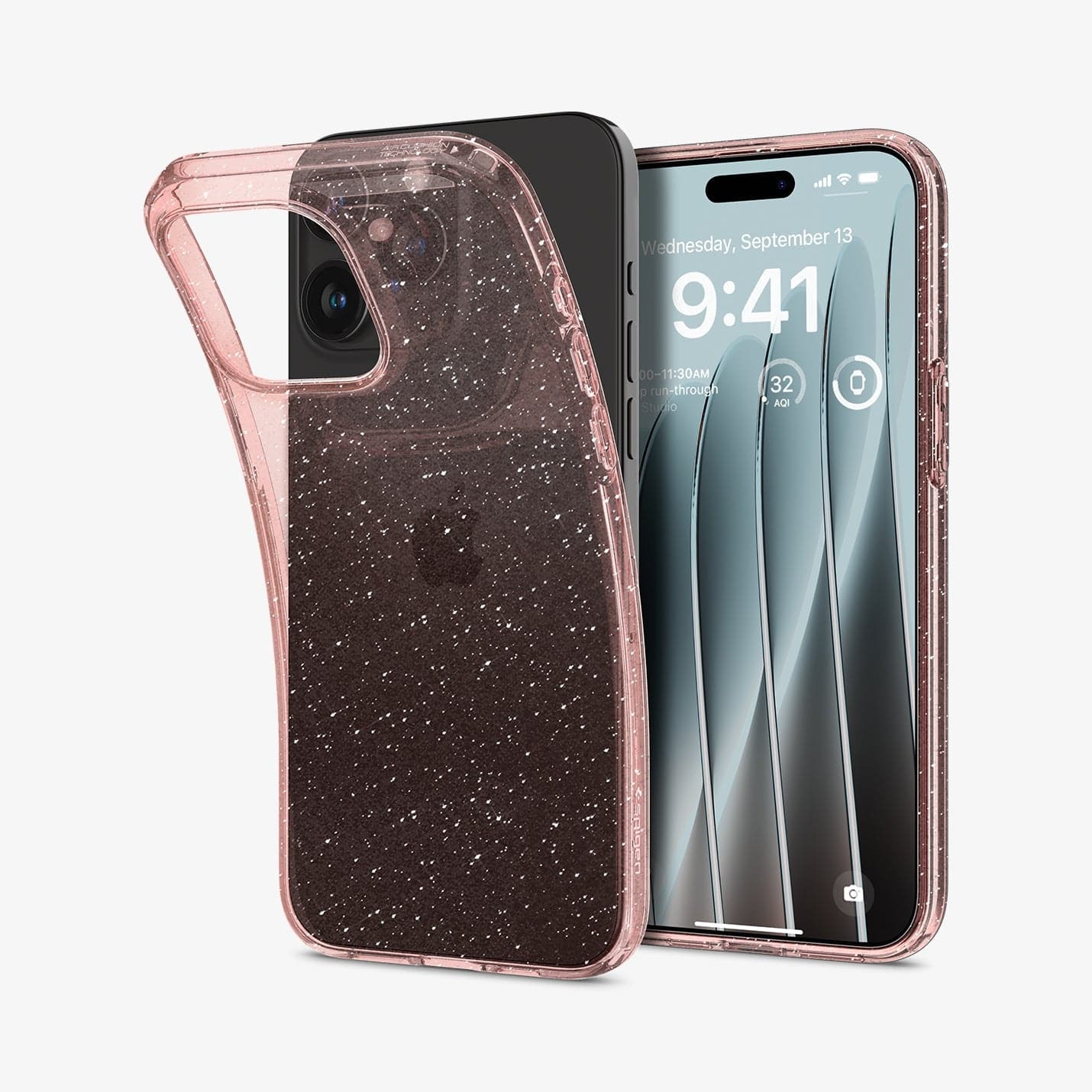 ACS06560 - iPhone 15 Pro Max Case Liquid Crystal Glitter in rose quartz showing the back and front