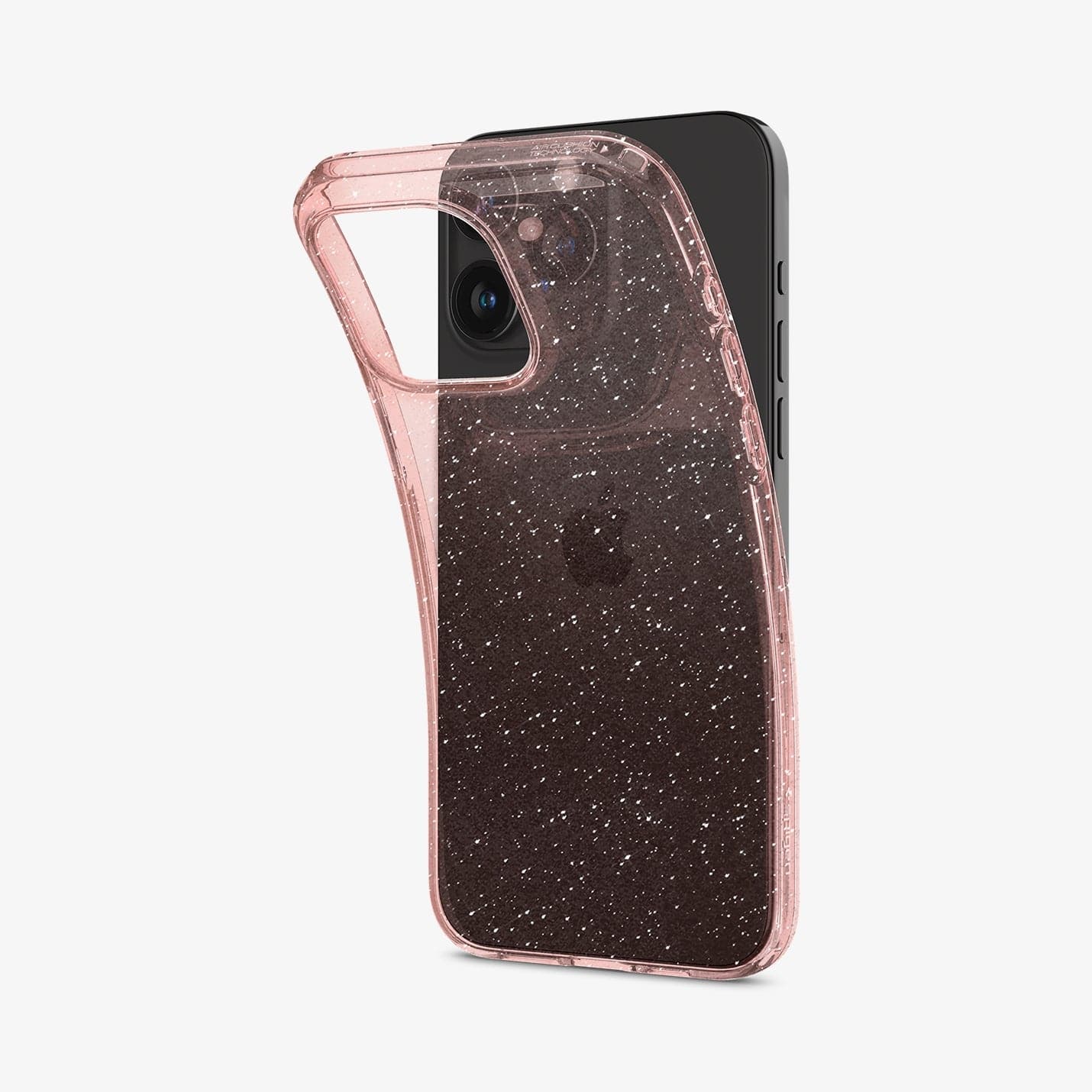 ACS06560 - iPhone 15 Pro Max Case Liquid Crystal Glitter in rose quartz showing the back with case bending away from device to show the flexibility