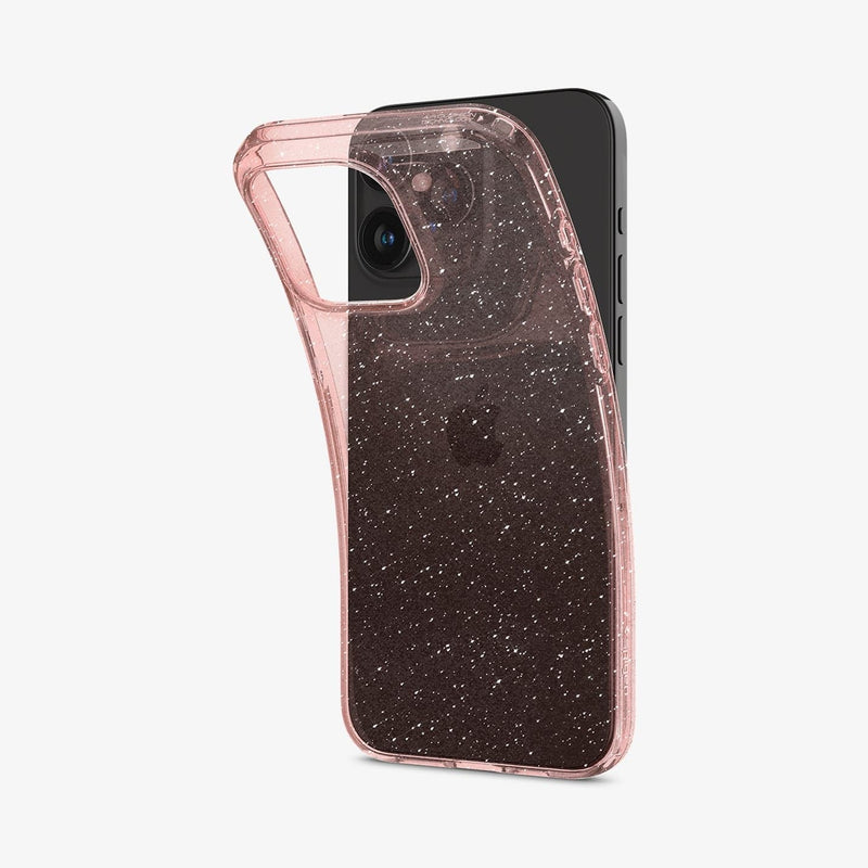 ACS06560 - iPhone 15 Pro Max Case Liquid Crystal Glitter in rose quartz showing the back with case bending away from device to show the flexibility