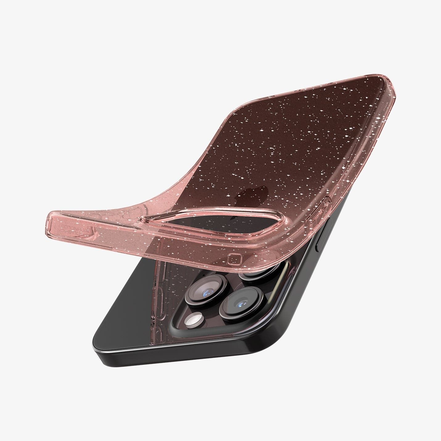 ACS06560 - iPhone 15 Pro Max Case Liquid Crystal Glitter in rose quartz showing the back with case bending away from device to show the flexibility