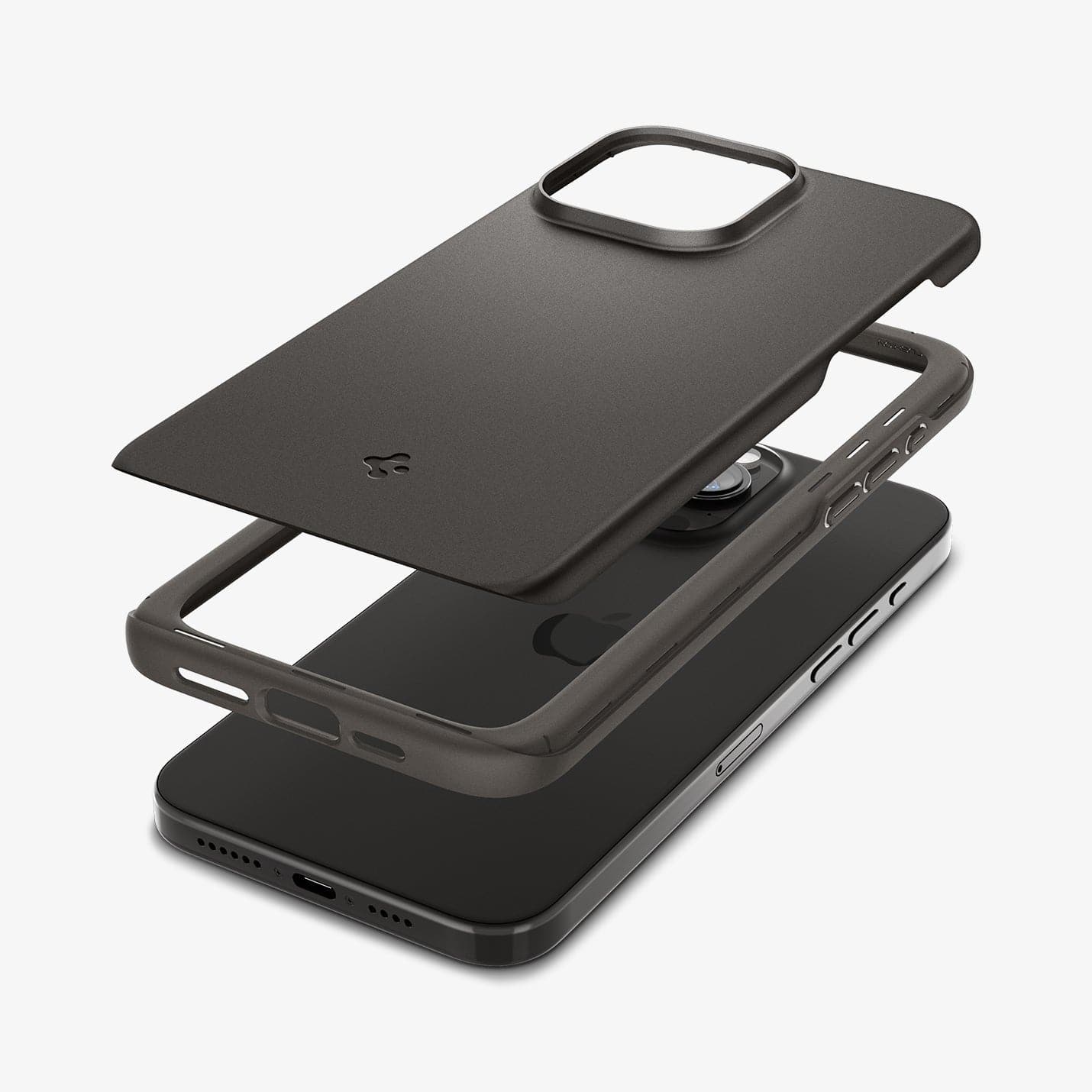 ACS06545 - iPhone 15 Pro Max Case Thin Fit in gunmetal showing the multiple layers of case hovering above the device