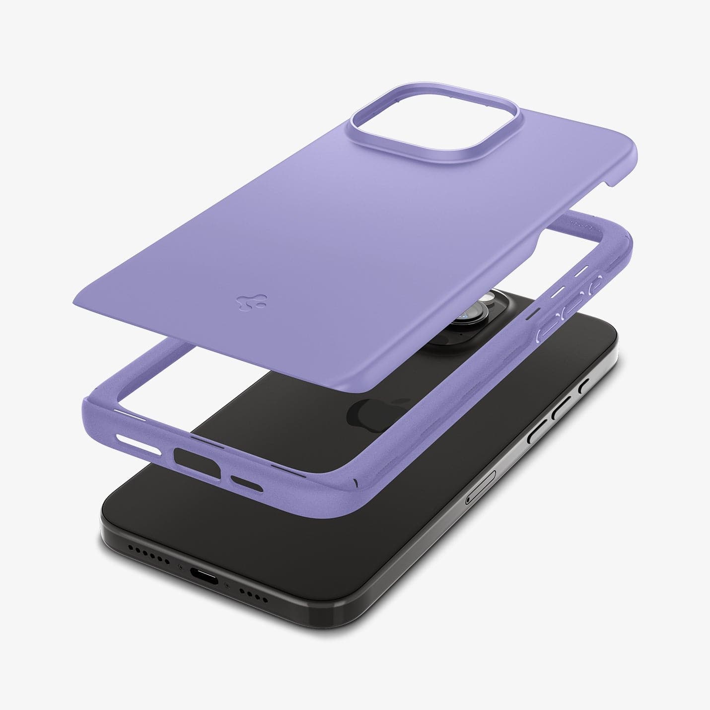 ACS06549 - iPhone 15 Pro Max Case Thin Fit in iris purple showing the multiple layers of case hovering above the device