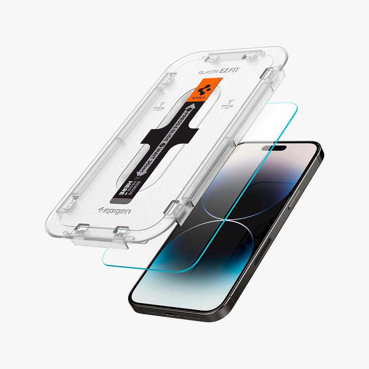 AGL05202 - iPhone 16e Screen Protector EZ FIT GLAS.tR (Sensor Protection) showing the ez fit tray and screen protector hovering over device