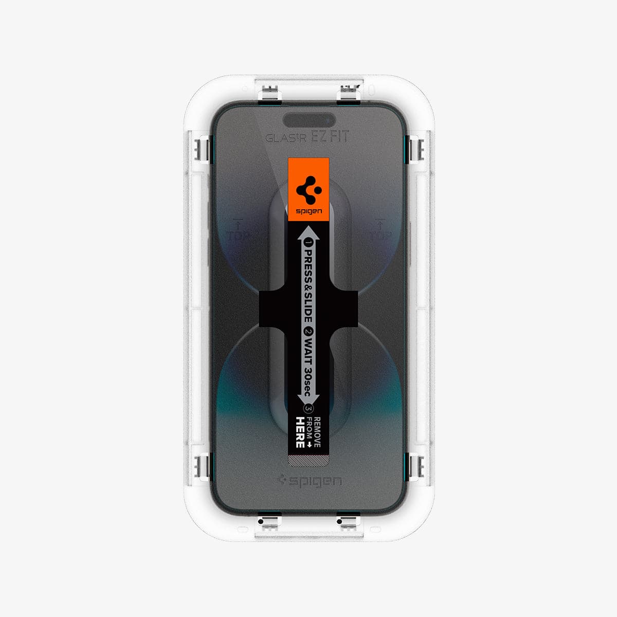 AGL05202 - iPhone 16e Screen Protector EZ FIT GLAS.tR (Sensor Protection) showing the ez fit tray installed onto the device front view