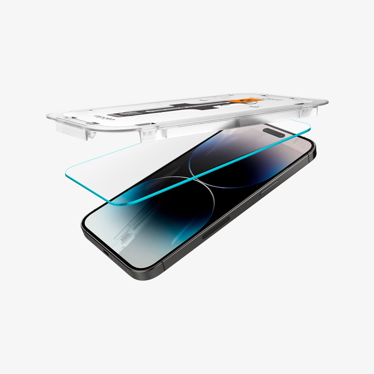 AGL05202 - iPhone 16e Screen Protector EZ FIT GLAS.tR (Sensor Protection) showing the ez fit tray and screen protector hovering slightly above device
