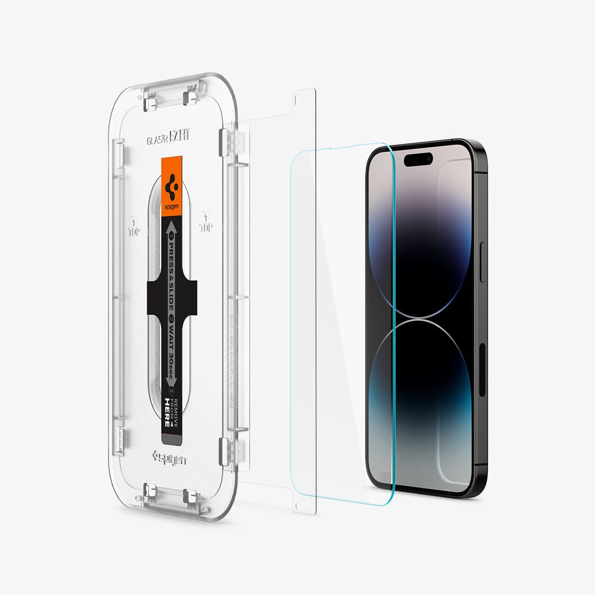 AGL05202 - iPhone 16e Screen Protector EZ FIT GLAS.tR (Sensor Protection) showing the ez fit tray, film, screen protector and device