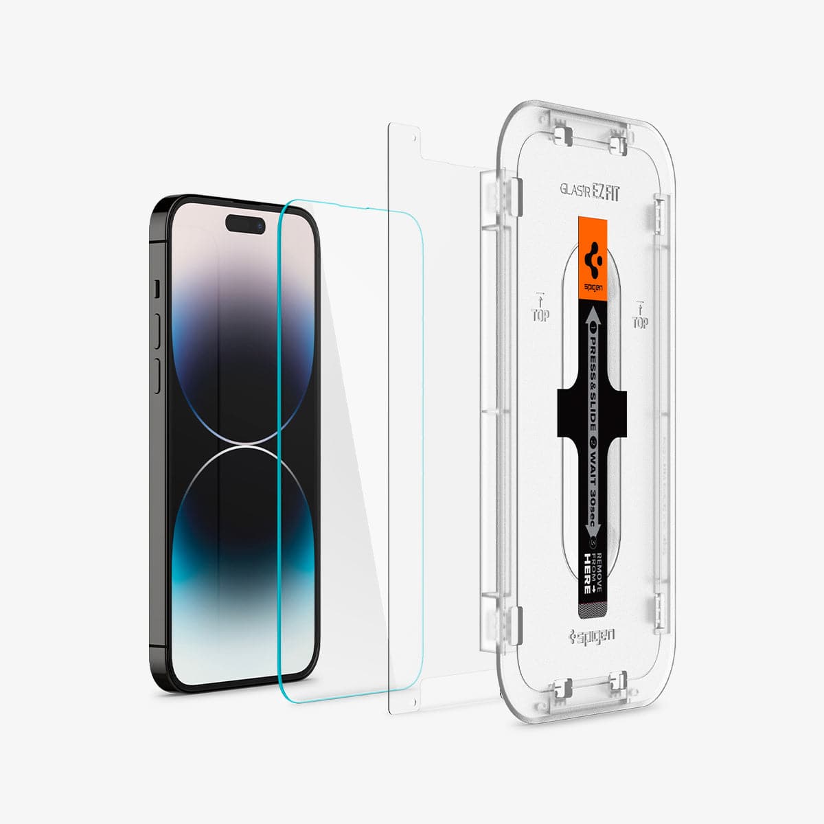 AGL05202 - iPhone 16e Screen Protector EZ FIT GLAS.tR (Sensor Protection) showing the ez fit tray, film, screen protector and device