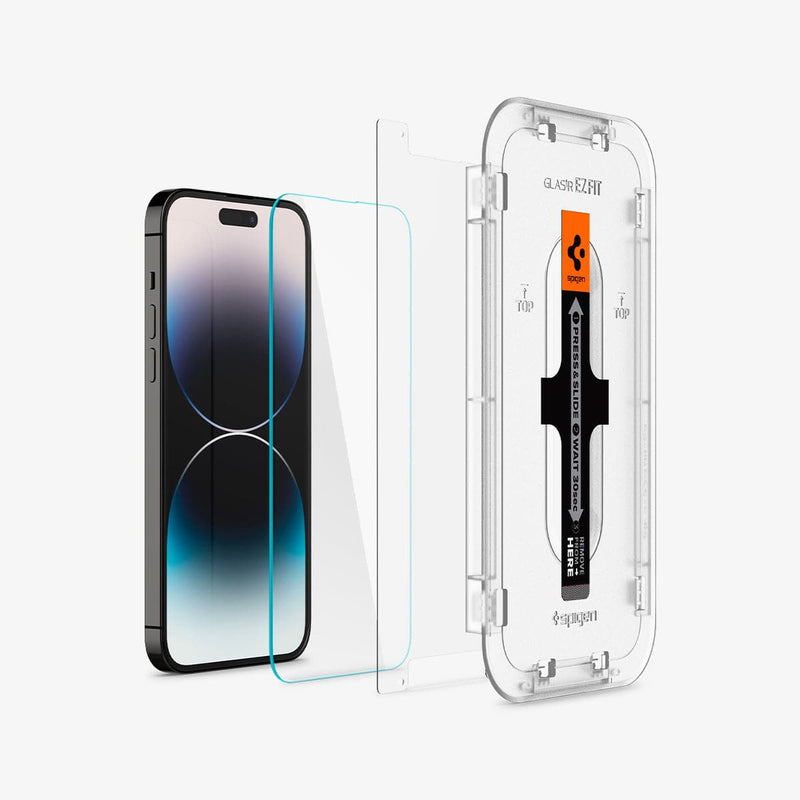 AGL05202 - iPhone 14 Pro Max Screen Protector EZ FIT GLAS.tR (Sensor Protection) showing the ez fit tray, film, screen protector and device
