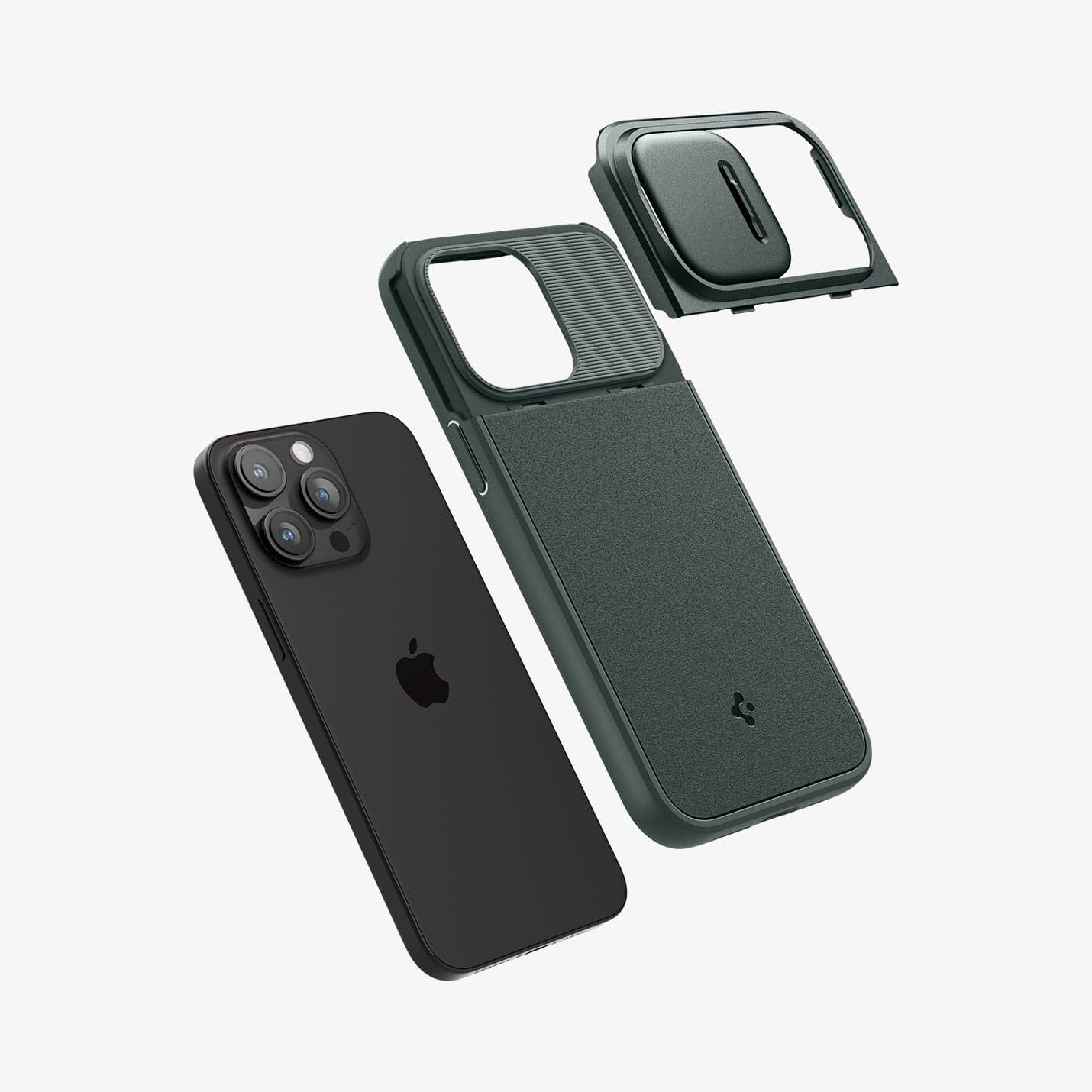 ACS06600 - iPhone 15 Pro Max Case Optik Armor (MagFit) in abyss green showing the back with multiple layers of case hovering away from device