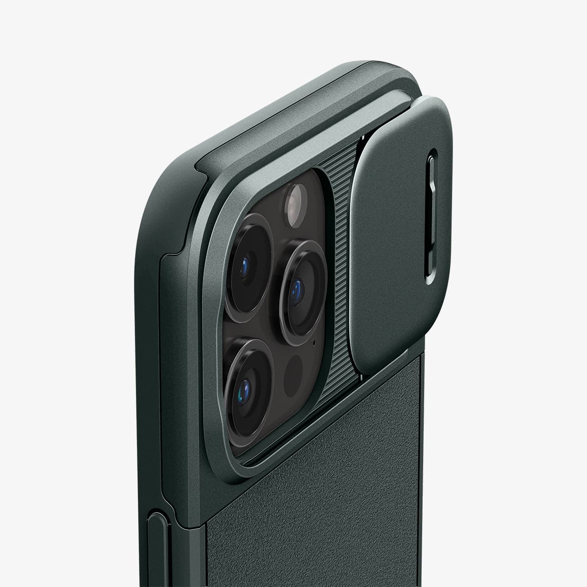 ACS06600 - iPhone 15 Pro Max Case Optik Armor (MagFit) in abyss green showing the back and side zoomed in on camera lens with slot open