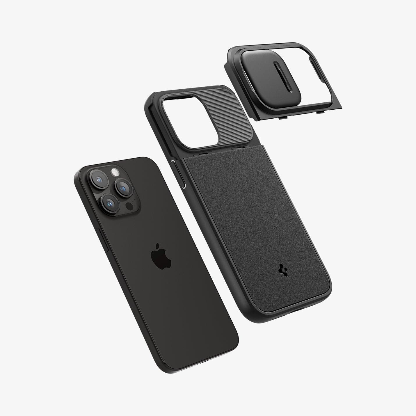 ACS06599 - iPhone 15 Pro Max Case Optik Armor (MagFit) in black showing the back with multiple layers of case hovering away from device