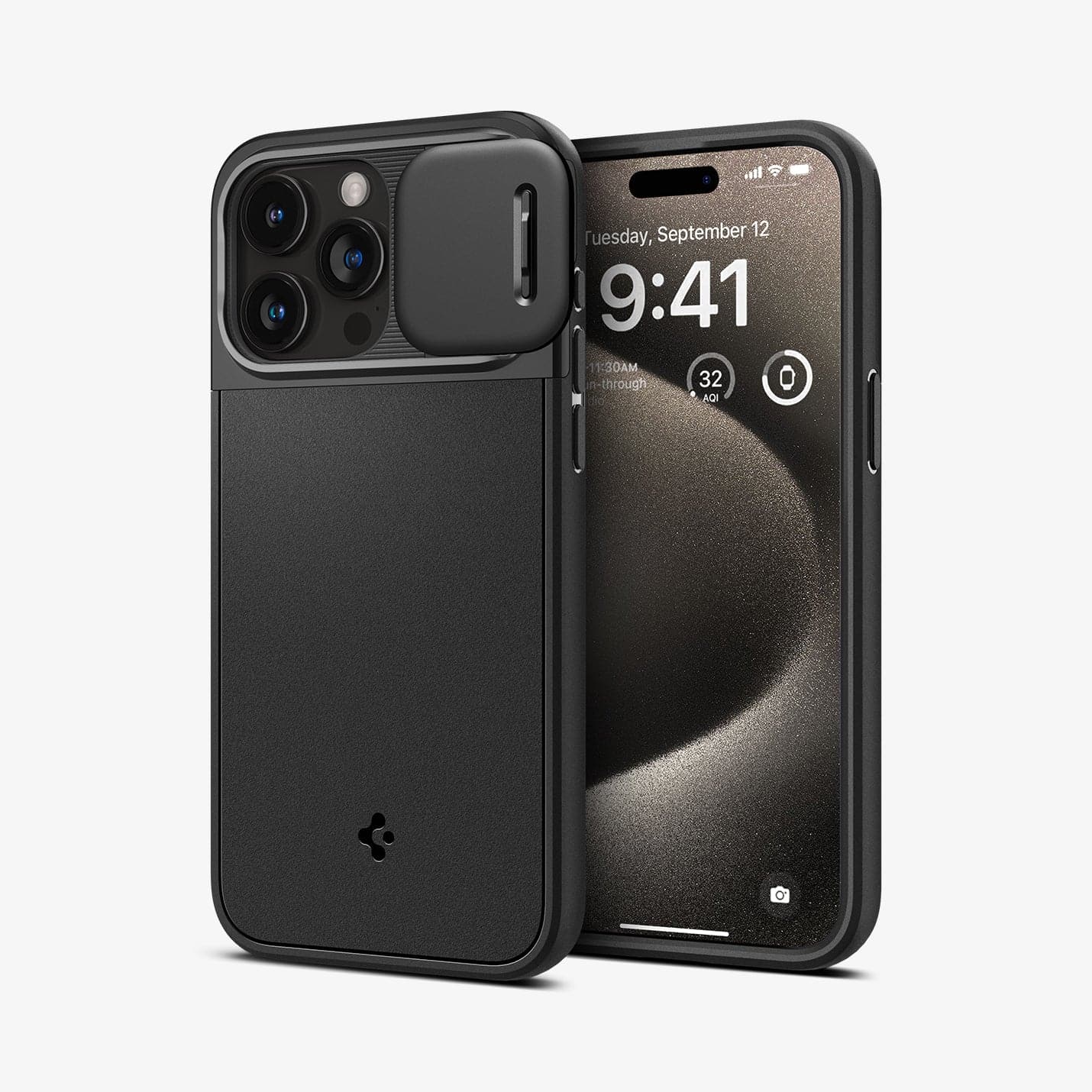 ACS06599 - iPhone 15 Pro Max Case Optik Armor (MagFit) in black showing the back and front with lens slot open