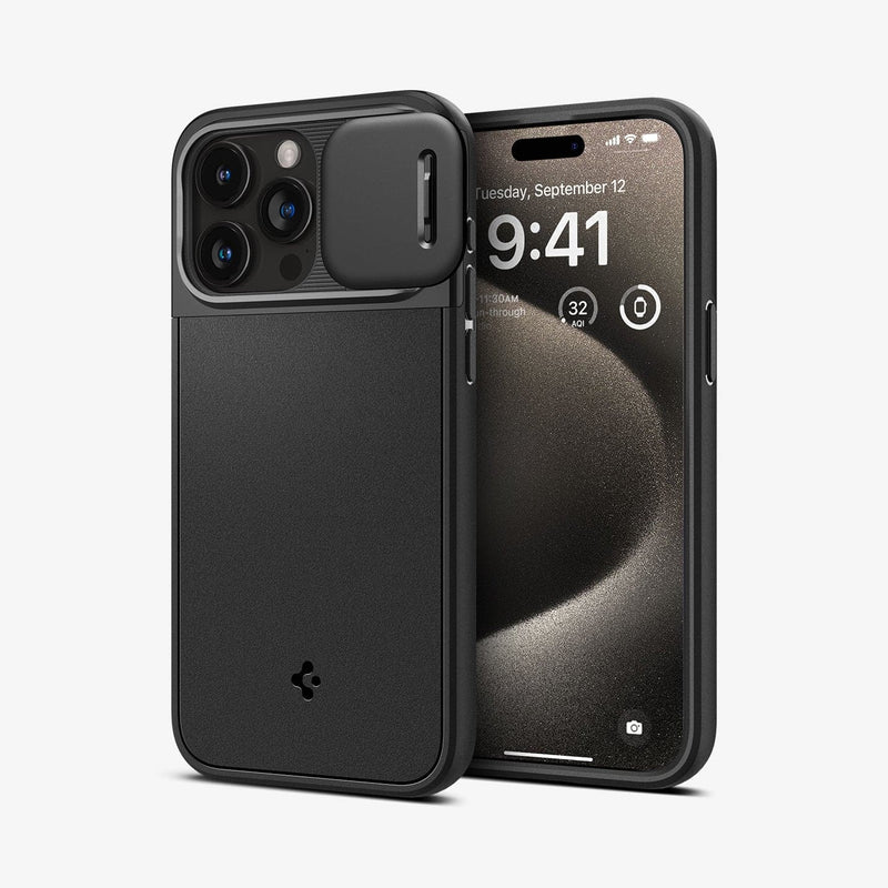 ACS06599 - iPhone 15 Pro Max Case Optik Armor (MagFit) in black showing the back and front with lens slot open