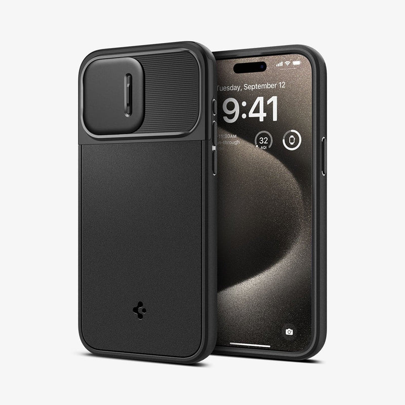 ACS06599 - iPhone 15 Pro Max Case Optik Armor (MagFit) in black showing the back and front