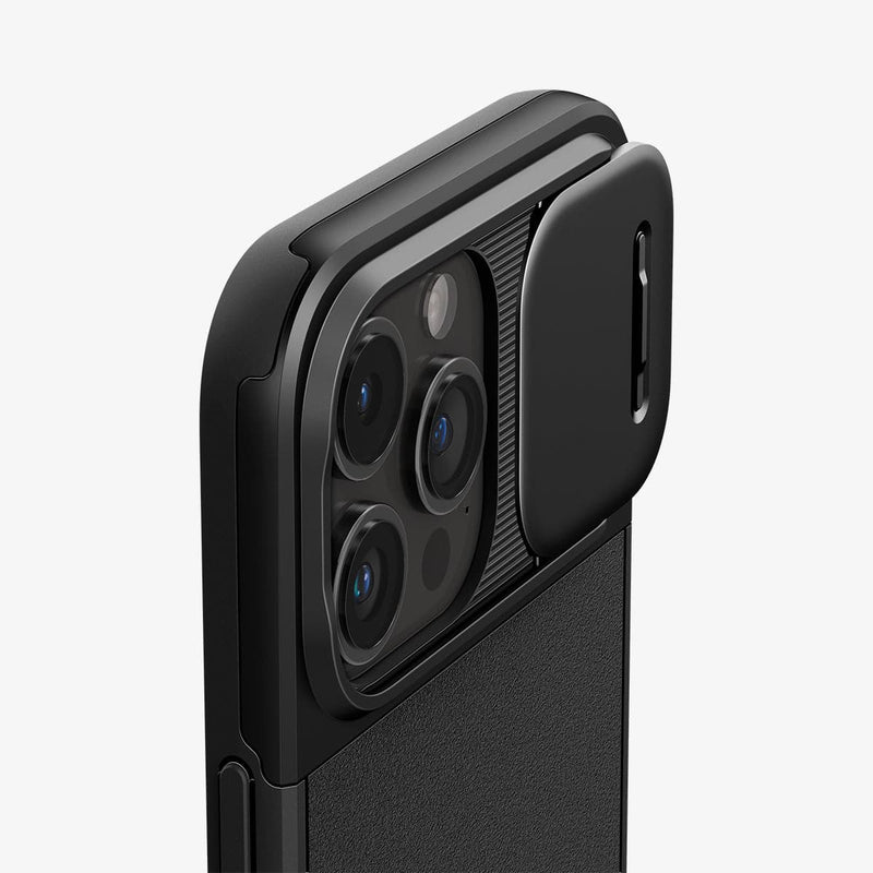 ACS06599 - iPhone 15 Pro Max Case Optik Armor (MagFit) in black showing the back and side zoomed in on camera lens with slot open