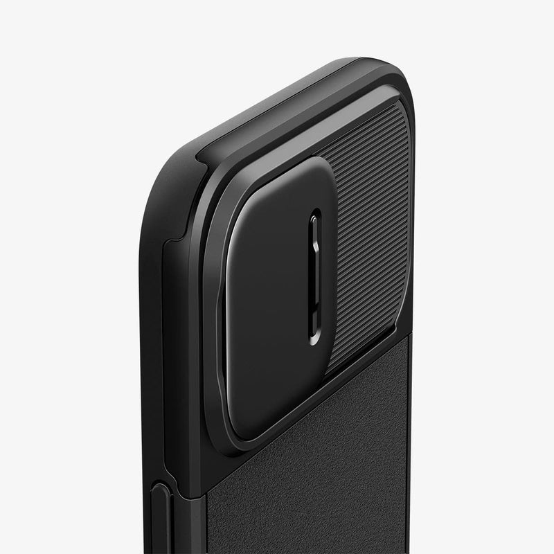 ACS06599 - iPhone 15 Pro Max Case Optik Armor (MagFit) in black showing the back and side zoomed in on camera lens